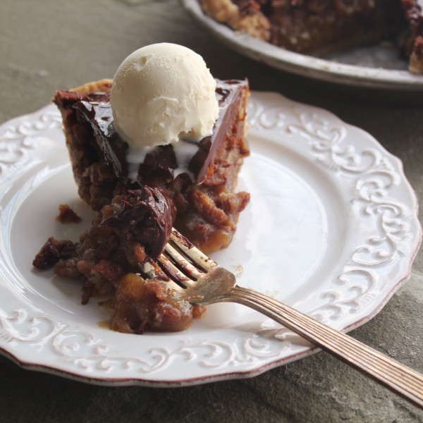Bourbon Chocolate Pecan Pie with Vanilla Bean Ice Cream